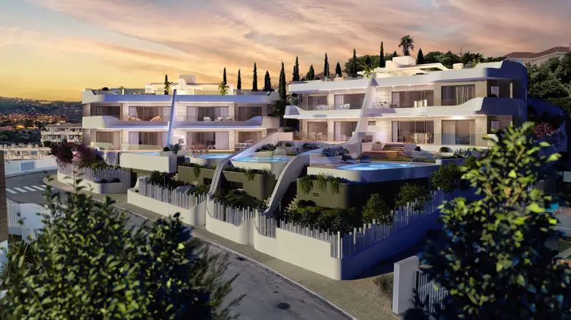 Viviendas de Golden Eight al atardecer